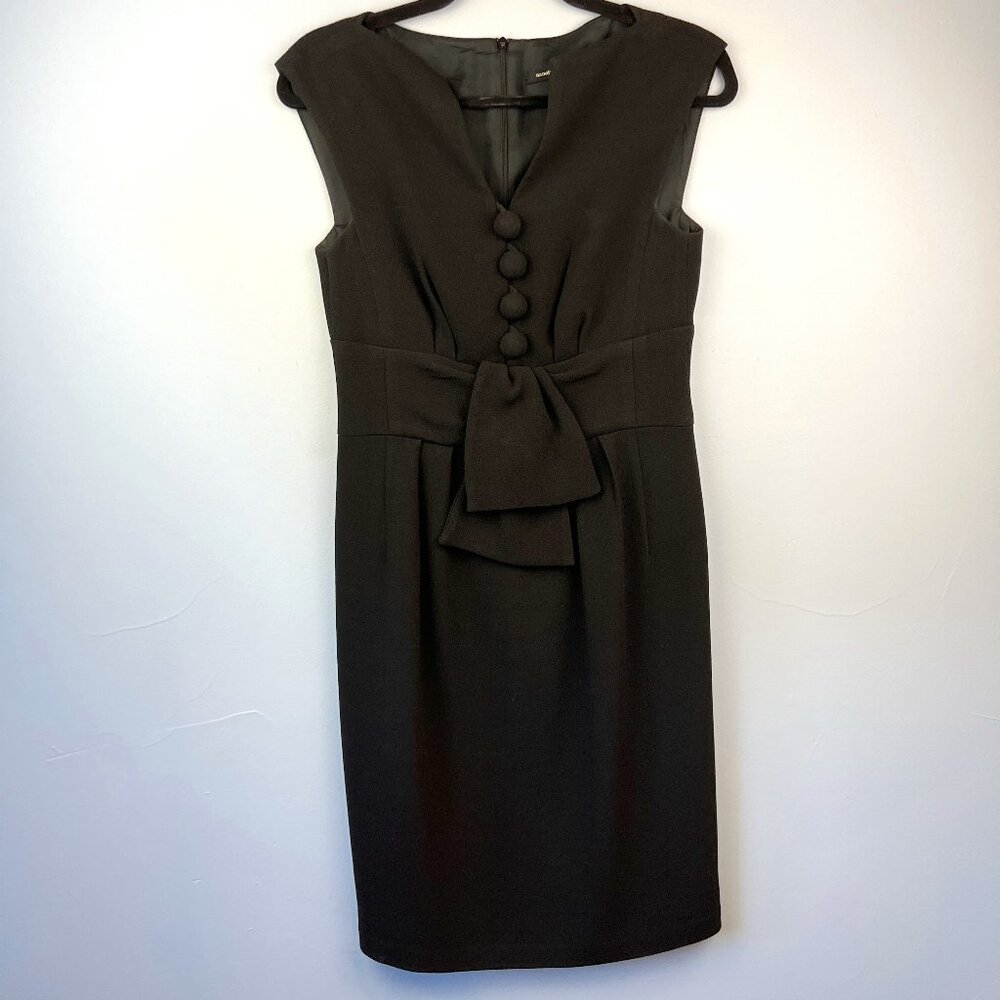 Nanette Lepore Black Cap Sleeves Large Button Front Bow Sheath‎ Dress Size 4 LBD